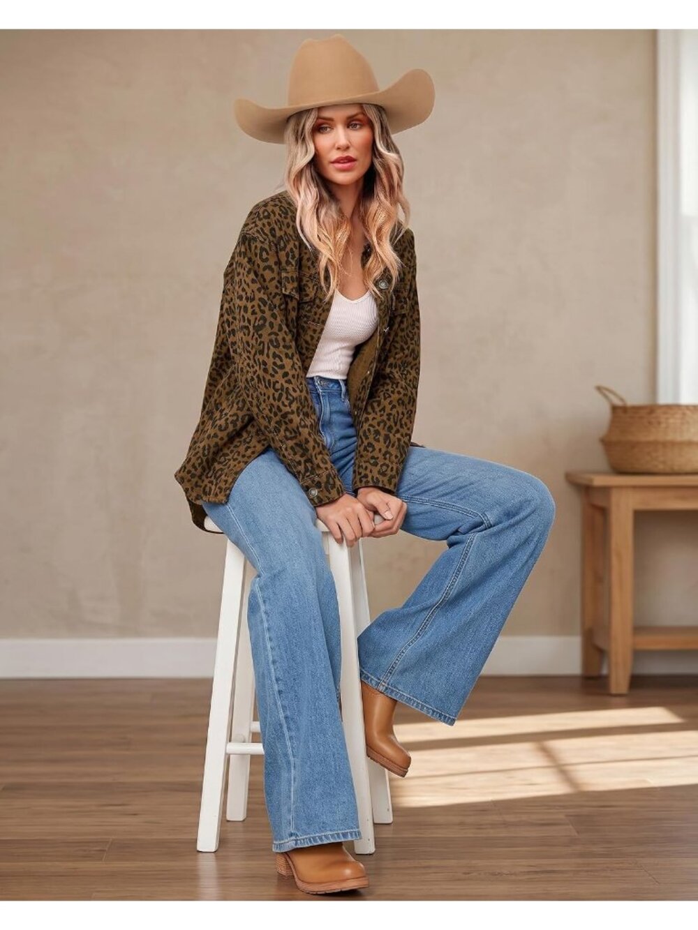 Women's Brown Cheetah Print Oversized Denim Jean Jacket Casual - Picture 4 of 7